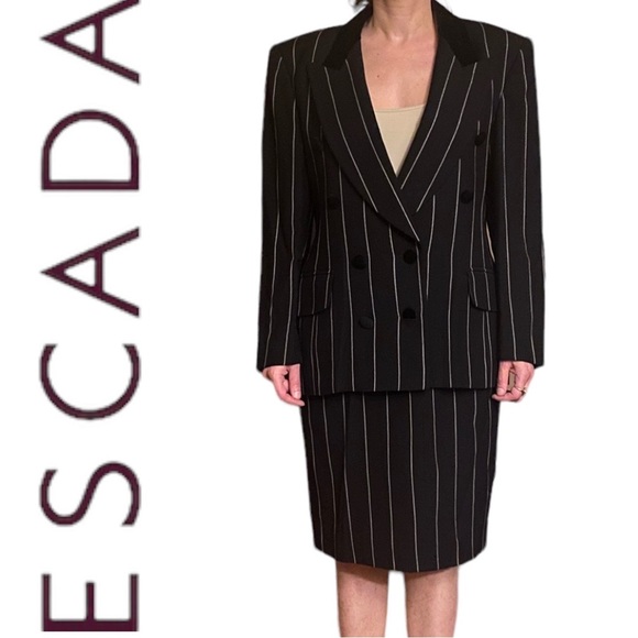 Classic Escada Charcoal Grey Skirt/Suit w/Blazer with White Pin Stripes Size 8 - Picture 2 of 8